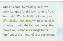 When it comes to creating ideas, we don't just grab for the low-hanging fruit. We stretch. We climb. We poke & prod. We shake the tree. Whatever it takes to come up with the freshest design that moves your company's image to the forefront of the minds of your customers.
